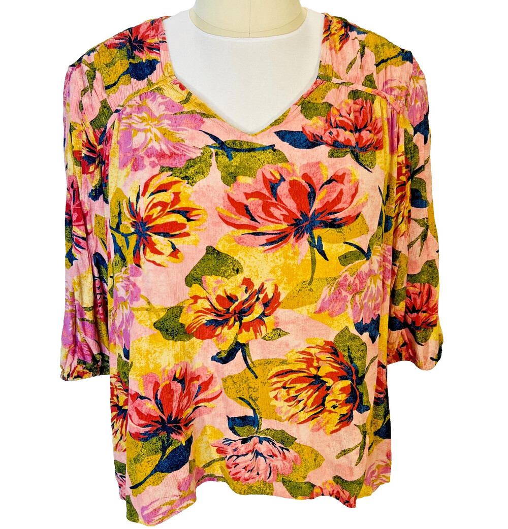 Terra & Sky Peasant Top Blouse Womens 2X Peach Floral V-Neck 3/4 Balloon Sleeve
